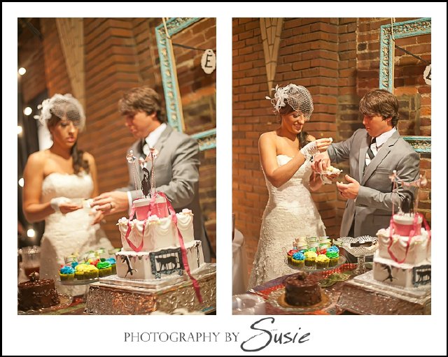 eclectic, circus theme, nashville wedding, marathon village, cake, bride, groom